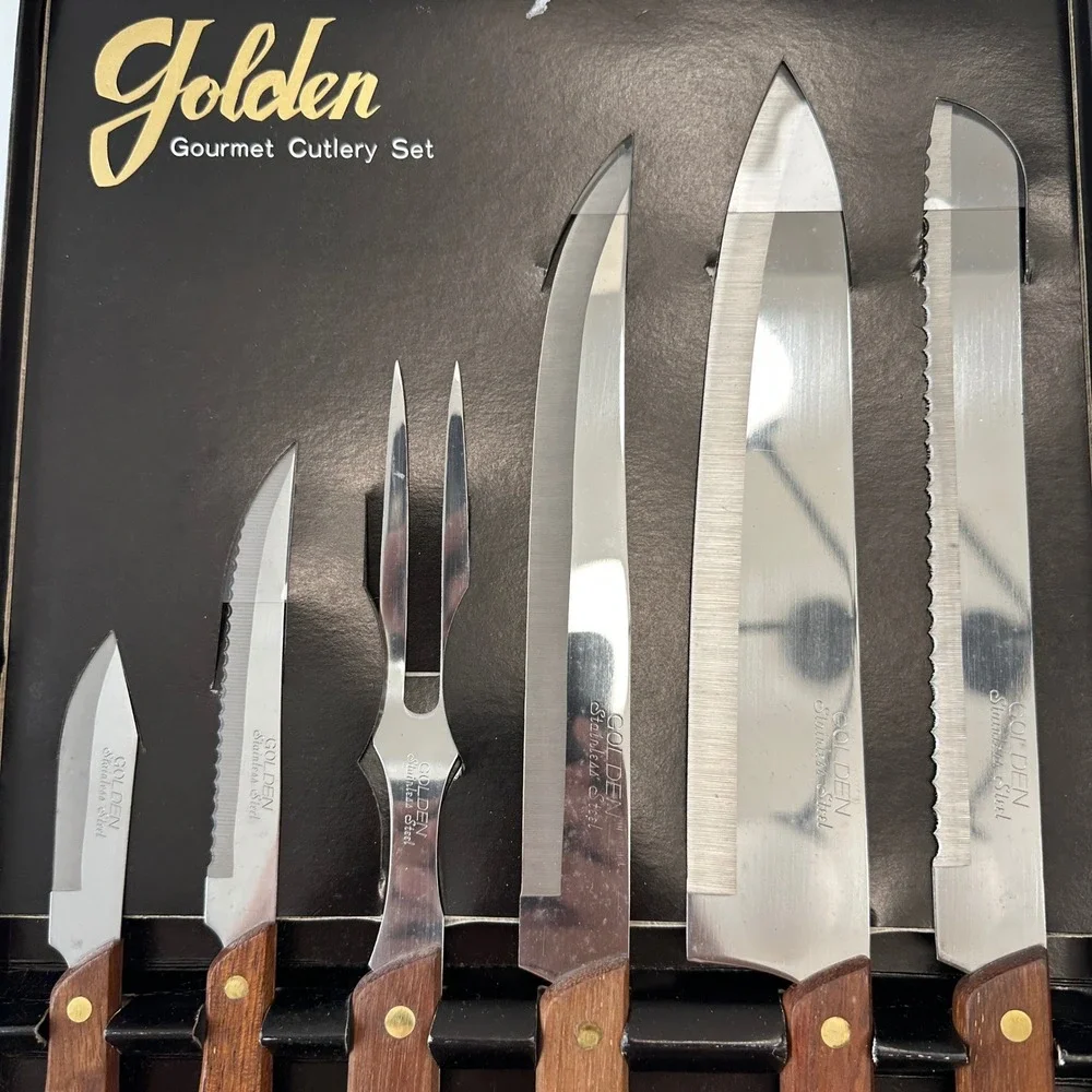 Vintage Golden Gourmet Cutlery‎ Set 6 Piece Carving Knife Fork Stainless Steel